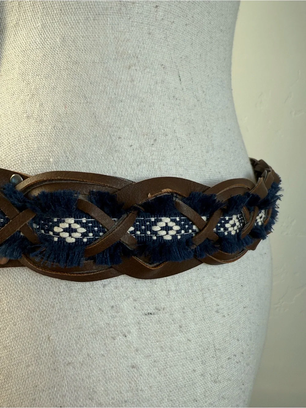 Boho Braided Leather Belt Blue Fringe Woven Western Festival Waist Belt